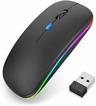 PowerHaus Dual Mode Rechargeable Wireless Mouse, Bluetooth + 2.4GHz Connectivity, Silent Clicks, Adjustable 1600 DPI, RGB LED Lights, Nano USB Receiver, Slim Portable Design – Black