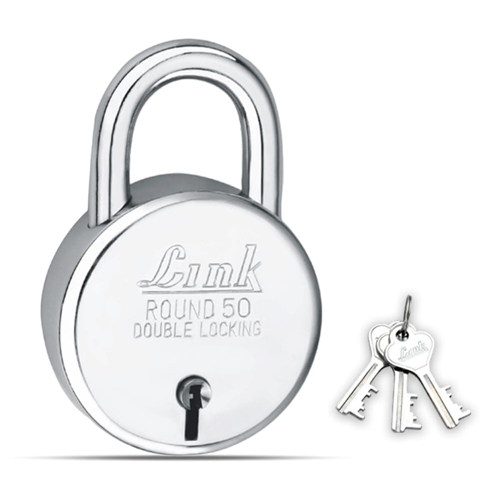 Link Locks| Round 50mm Padlock with 3 Keys |Lock for Main Door, Gate, Shops, Office | Silver Finish |2 Years Warranty