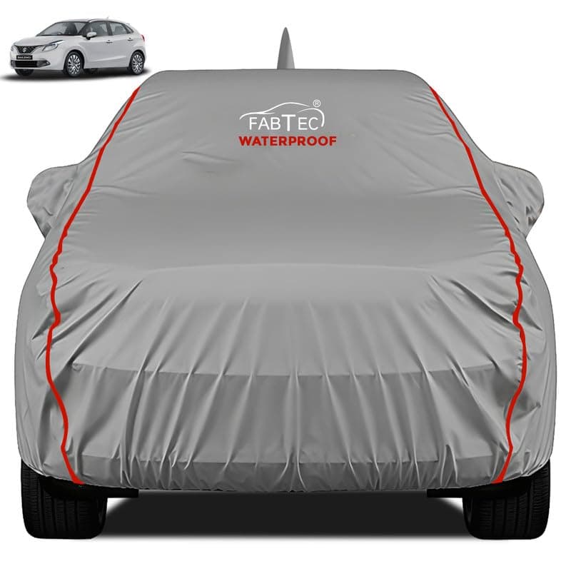 FABTEC Waterproof Premium Car Cover for Maruti Baleno Super Waterproof Car Body Cover Heavy Duty Durable PEVA Grey with Red Piping