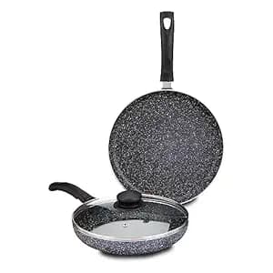 Amazon Brand - Solimo Aluminium 3 Piece Non-Stick Cookware Set|Granite Finish|Induction Base|Pfoa Free|High Temperature Resistant Exterior Coating|25 Cm Tawa,22 Cm Fry Pan,1 Glass Lid|Grey