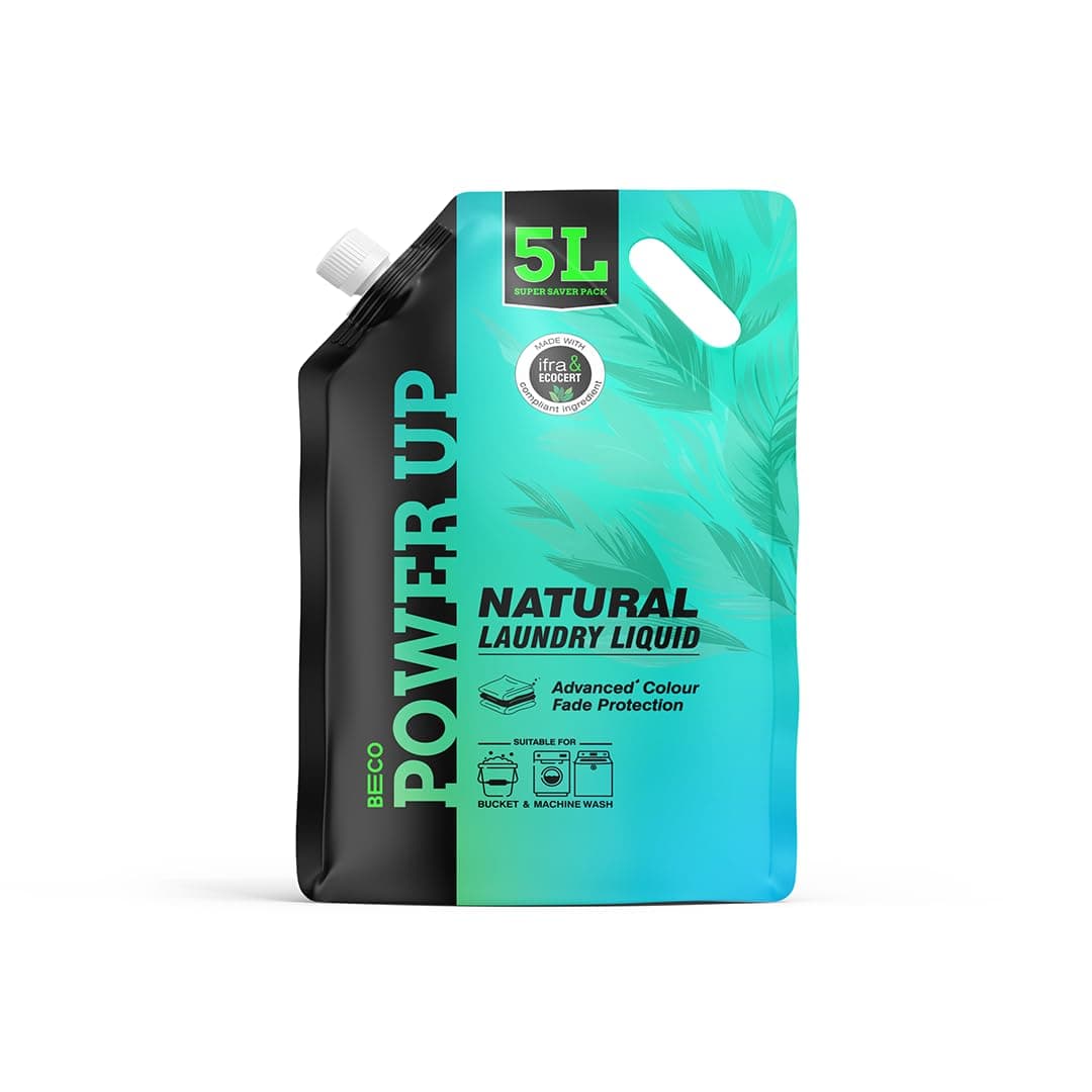 Beco Power Up Laundry Detergent Liquid - 5 Ltr Refill Pack | Tough Stain Removal | Retains Brightness and Shine | Chemical Free | Suitable for both Machine and Bucket Wash
