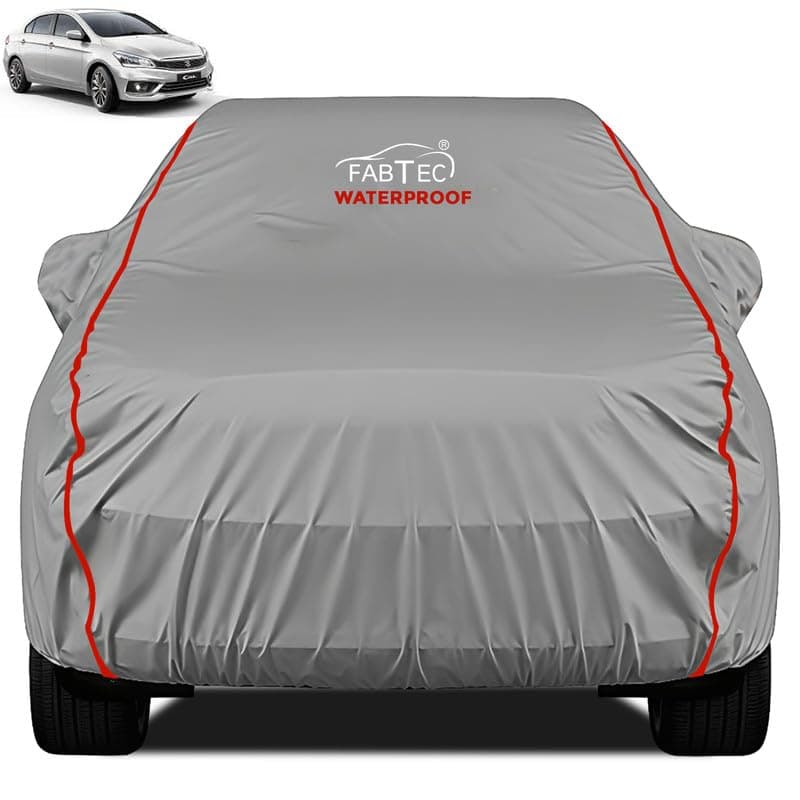 FABTEC Waterproof Premium Car Cover for Maruti Ciaz Super Waterproof Car Body Cover Heavy Duty Durable PEVA Grey with Red Piping