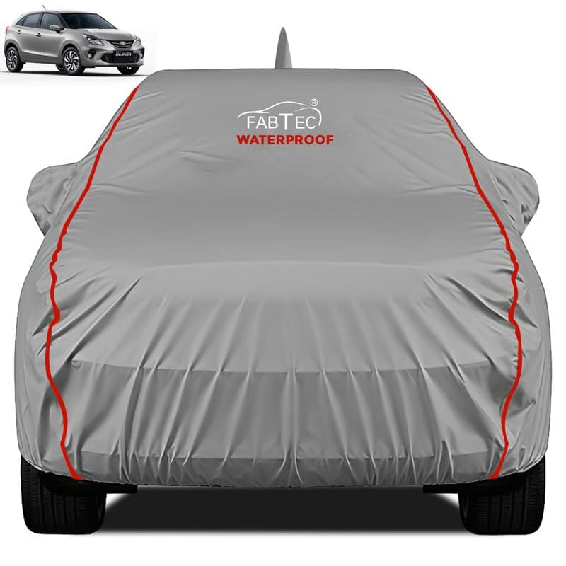 FABTEC Waterproof Premium Car Cover for Toyota Glanza Super Waterproof Car Body Cover Heavy Duty Durable PEVA Grey with Red Piping