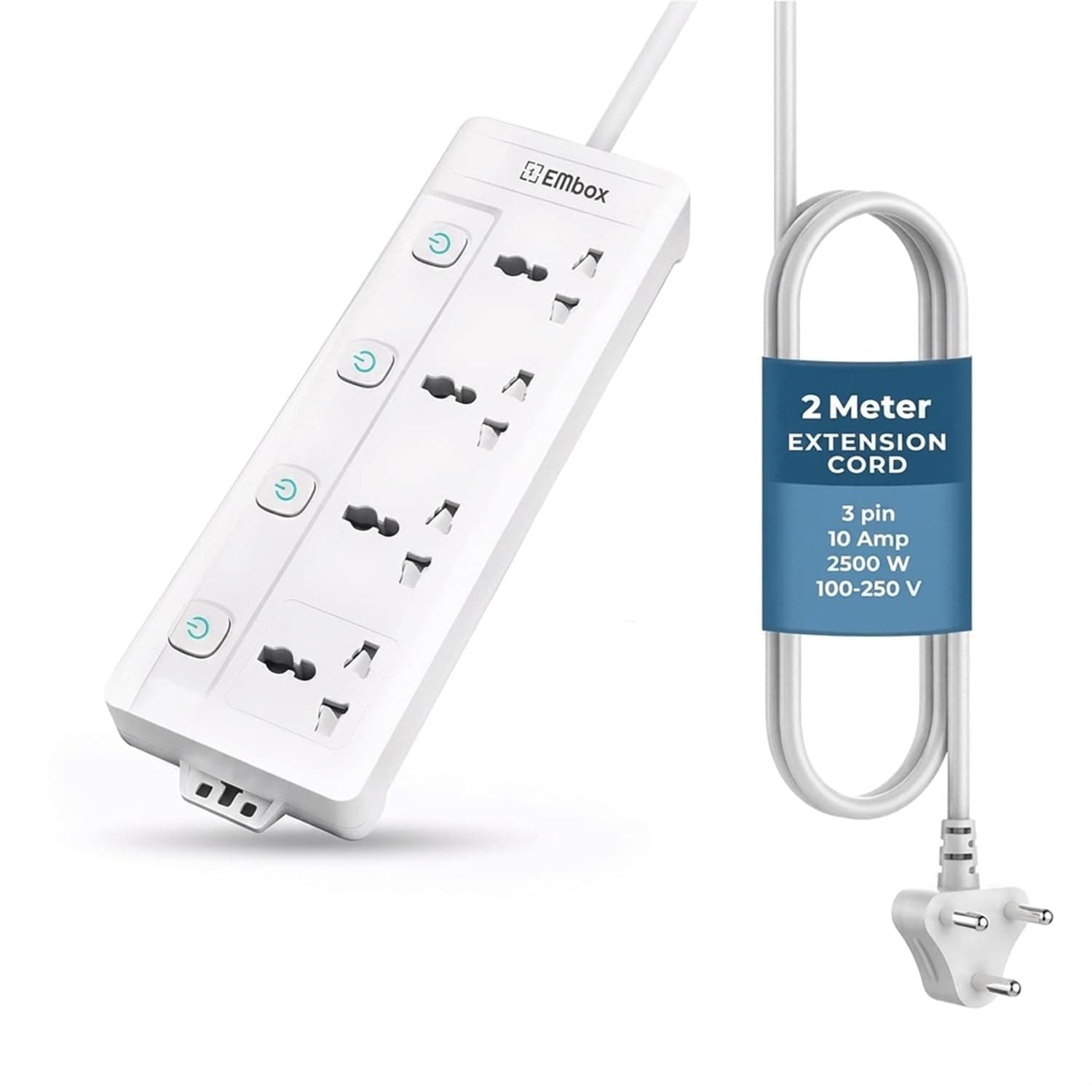EMBOX Extension Board with Switches 2500 W, 4 Universal Sockets, Individual Switch, Safety Shutter Spike Guard, LED Indicator and Safety Shutter