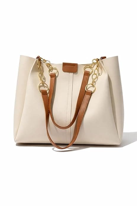GALAXY FASHION POINT Luxury Women’s Handbag Tote – Premium PU Leather Shoulder Bag with Chain Strap, Spacious Stylish Office & Casual Use Purse (Beige & Brown)