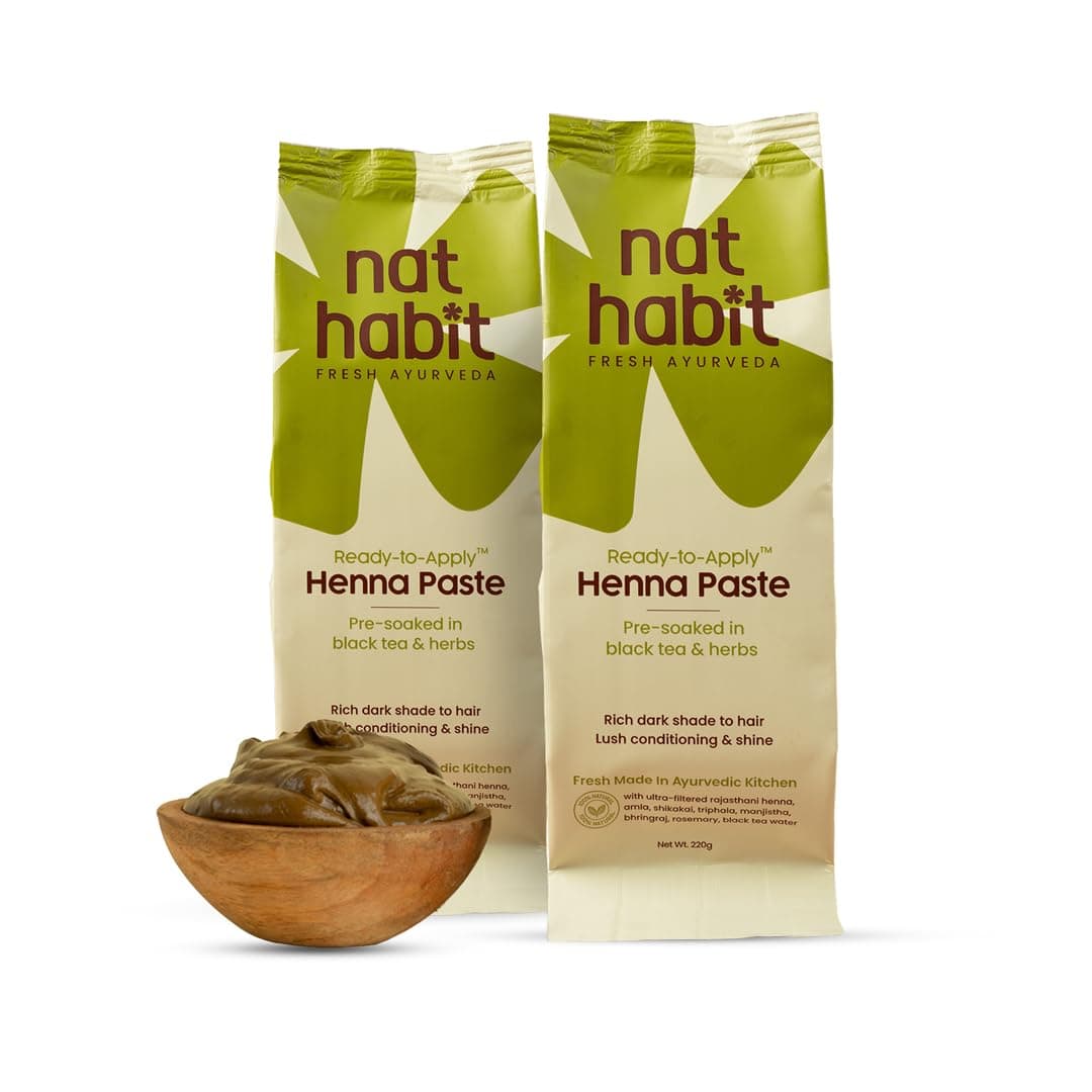 Nat Habit - Fresh Ready To Apply Henna Paste, Pre-Soaked in Black Tea and Herbs,100% Natural Rajasthani Henna, Imparts Rich Brown Shade (Pack of 2 x 220g)