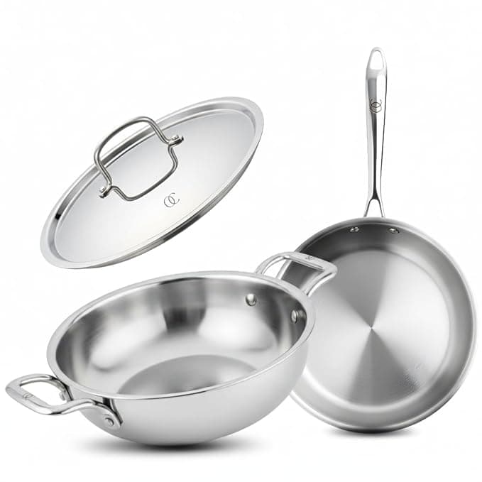 Omichef Triply Cookware Set Kadhai (22 cm / 2.35L) & Frypan (22 cm / 1.45L) with Steel Lid | ISI Certified Stainless Steel Cookware | Induction Friendly, Dishwasher Safe | 5 Year Warranty