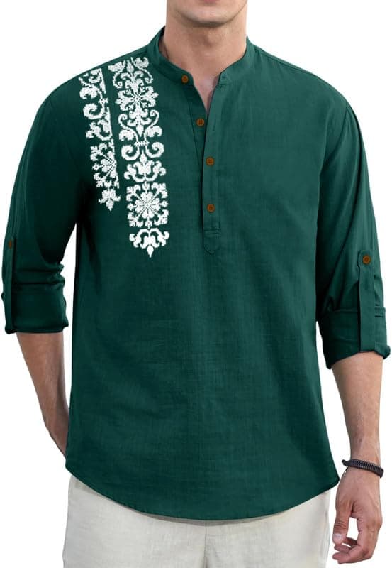 Macsivo Men Cotton Blend Kurta Style Shirt with Mandarin Collar Button Placket Regular Fit Long Sleeve Ethnic Casual Wear for Office Festival Daily Use Green