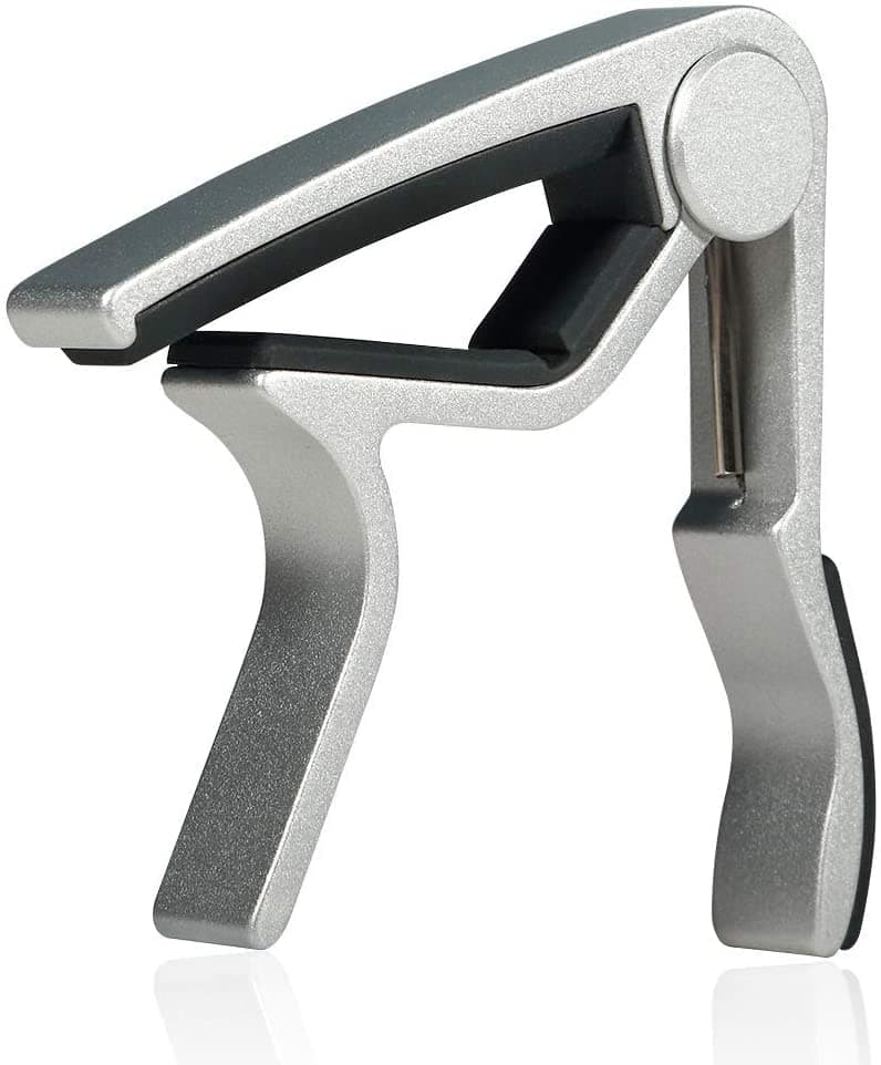 Mustang One Handed Trigger Guitar Metal Capo Quick Change For Ukulele, Electric And Acoustic Guitars (Silver)