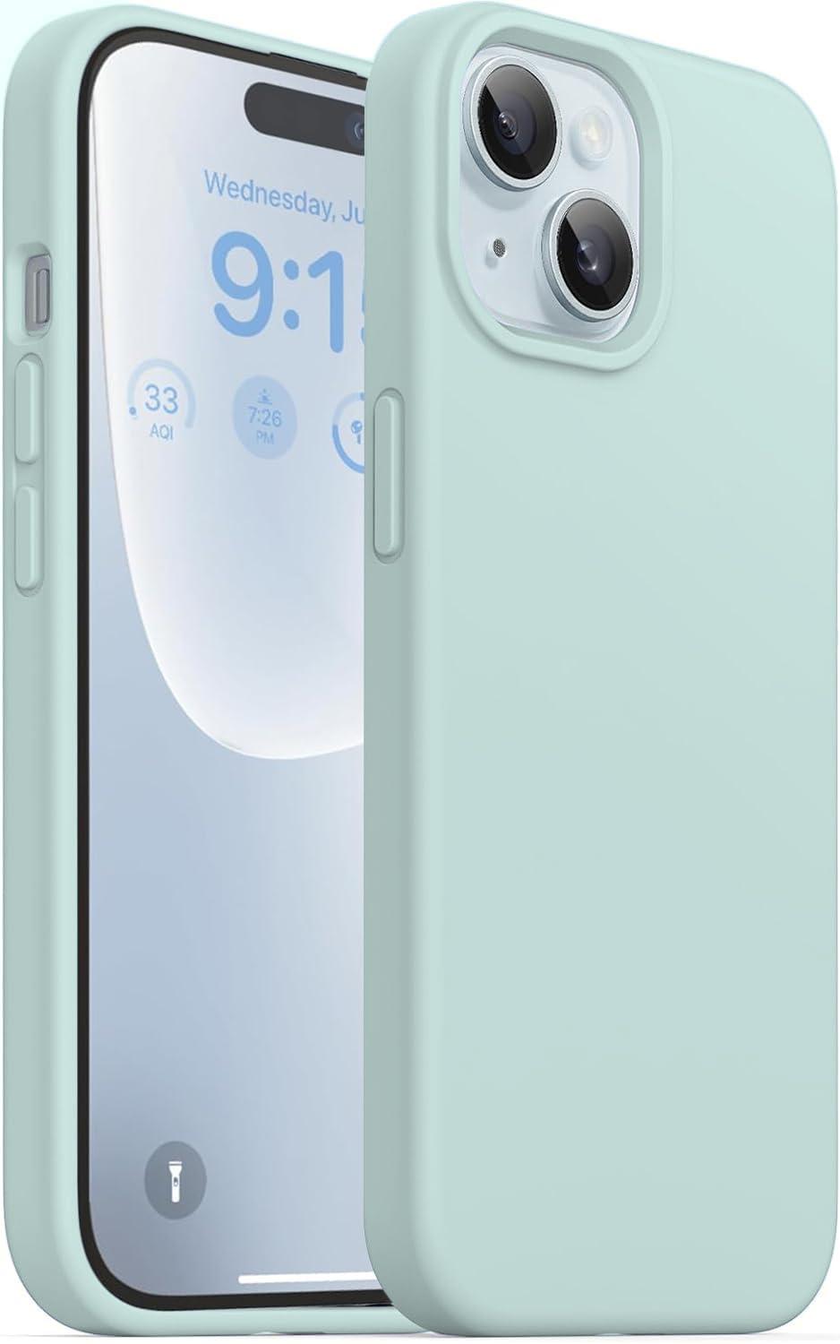 DIZORO Protective Case Compatible for iPhone 15 6.1 Inch, Slim Liquid Silicone 3 Layers Full Covered Soft Gel Rubber Phone Case Cover (Mint Green)
