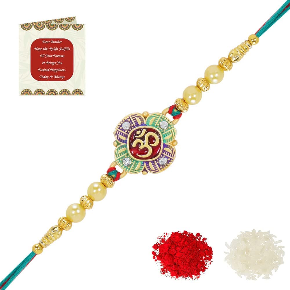 Riddhika Ventures Alluring Gold Plated Floral and Pearl Rakhi (Bracelet) with Roli Chawal & Greeting Card (P4)