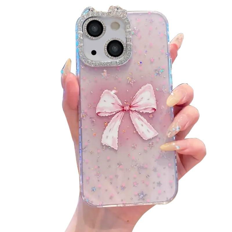 mobistyle Designed for iPhone 15,Cute Sparkling Bow Pattern Camera Protection Back Cover Case for Women Girls | iPhone 15,Pink |