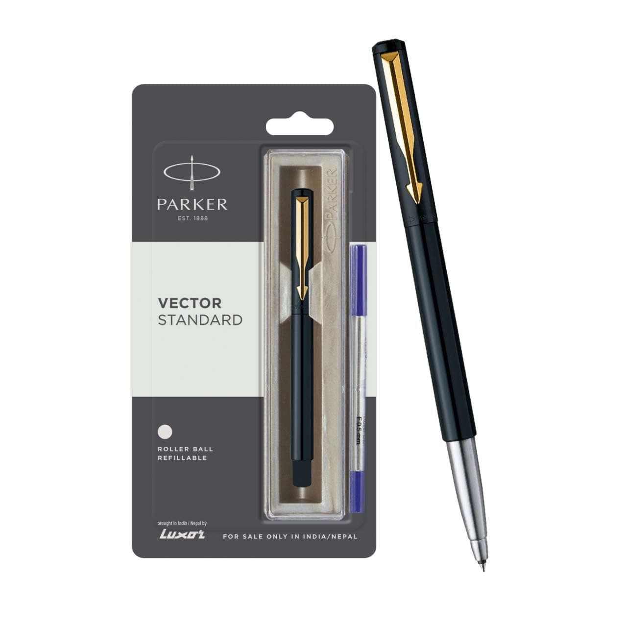 Parker Vector Standard Gold Trim Roller Ball Pen | Ink Color - Blue | Black Body Color | Ergonomic Design | Built for Long Writing Sessions