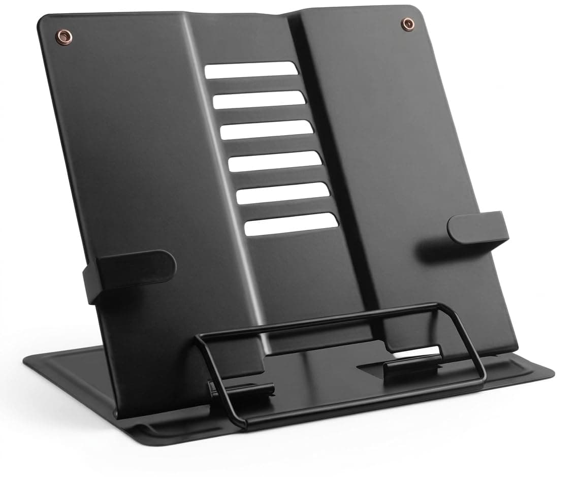 FRENYEAR Metal Book Stand | Portable Cookbook Holder, Adjustable Recipes Organizer | Foldable Reading Study Accessories (Multicolor)