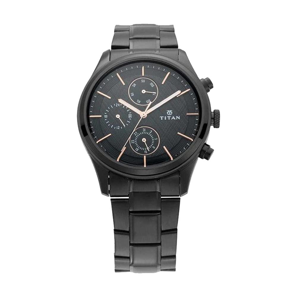 Titan Workwear Quartz Multifunction Black Dial Black Metal Strap Watch for Men - NT1805NM01