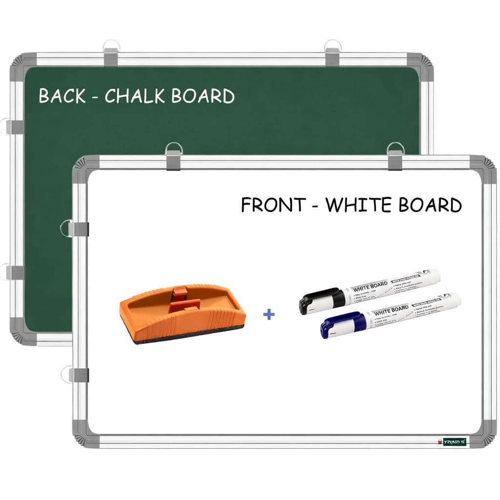 YAJNAS 2x3 Feet Double-Sided Whiteboard & Chalkboard for Kids – Includes 2 Whiteboard Markers + 1 Duster (Set of 4 Items)