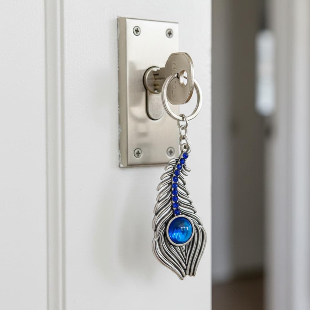 Decorwa Handicrafts Sparkling Morpankh Metal Keychain for Men & Women | Peacock Feather Design Key Ring for Bike, Car, Home Keys | Stylish Keyring for Gifting (Blue)