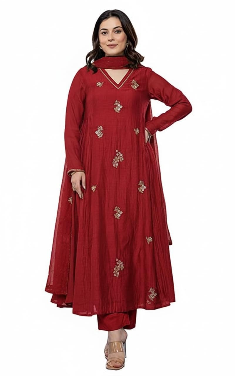 KLOSIA Women Embroidery Solid Anarkali Kurta and Pant Set with Dupatta Red