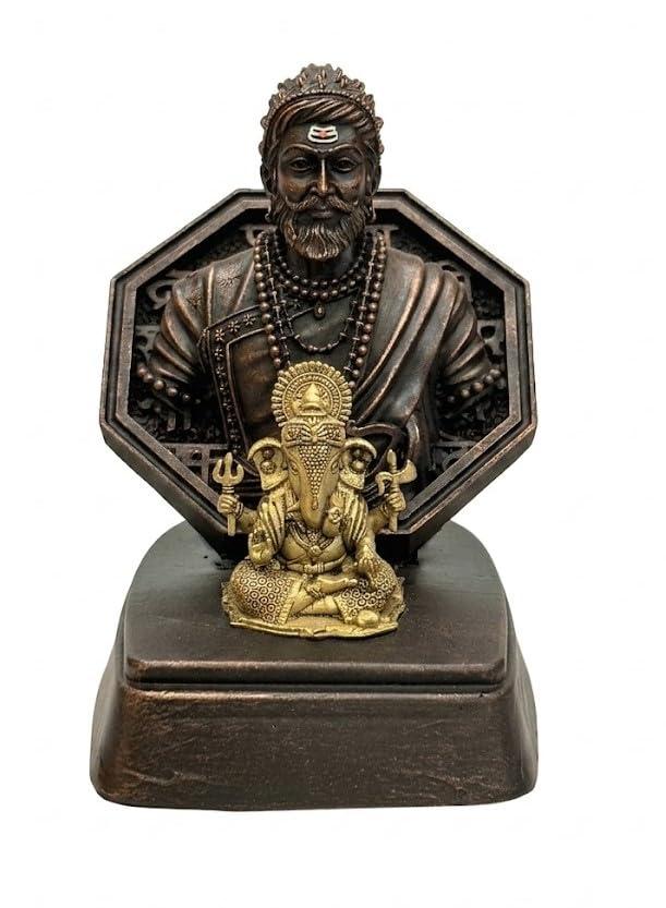 Chh. Shivaji Maharaj Statue with Rajmudra & Ganpati Bappa for Car Dashboard & Home Decor | 5 Inch Premium Murti | Spiritual Gift & Office Desk Showpiece (Copper)