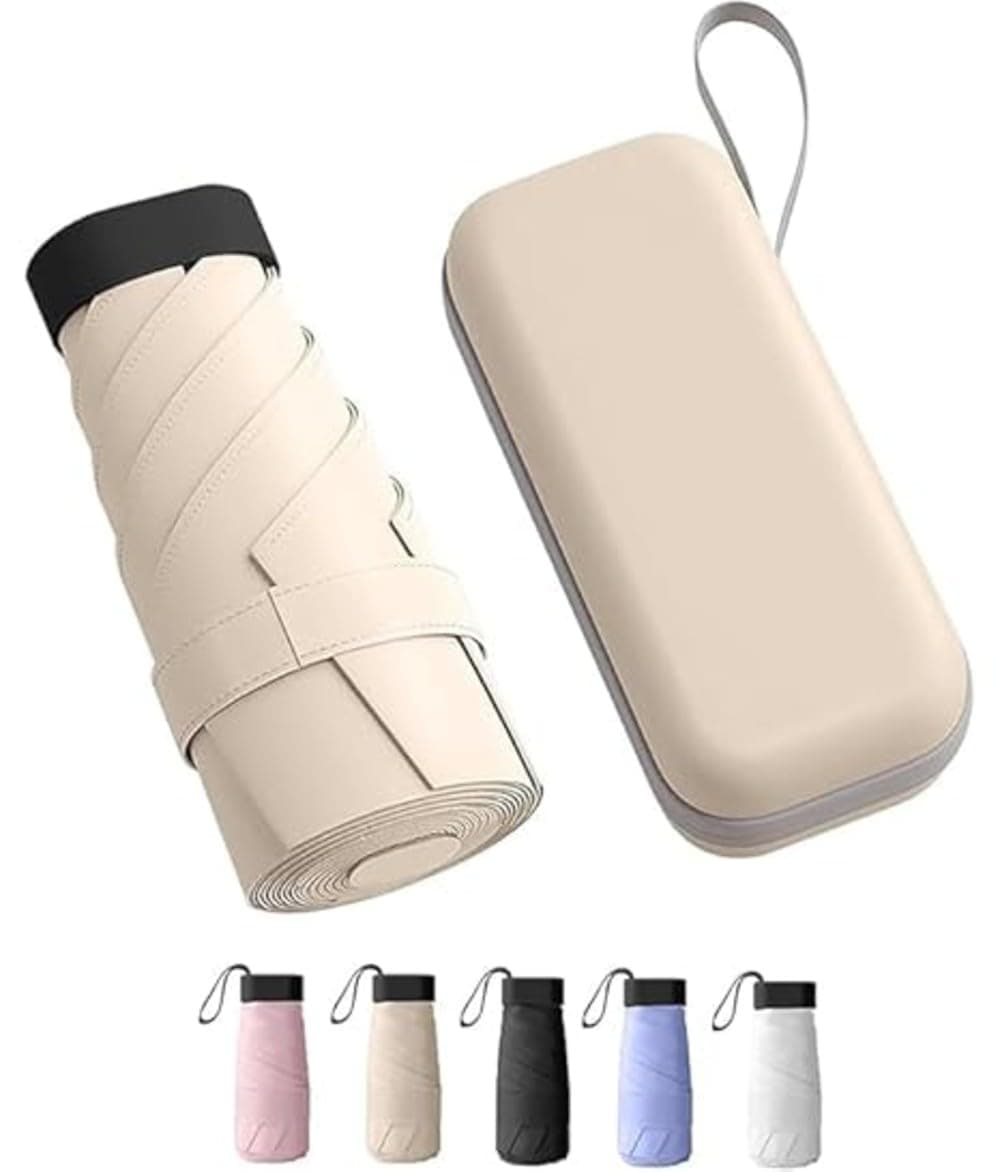 TEKCOOL Travel Mini Folding Compact Umbrella with Case, Manual Open 6 Ribs Lightweight Portable, Small Sun & Rain Pocket Umbrella for Girls and Women- Use in Rain & Summer(Beige)''