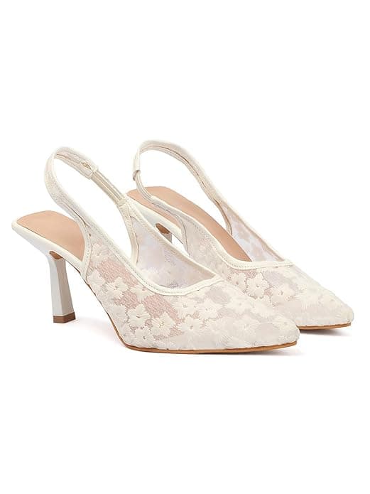 Women’s Floral Embroidered Mesh Mules Style Pointed Toe Slingback Stilettos Heel Sandals