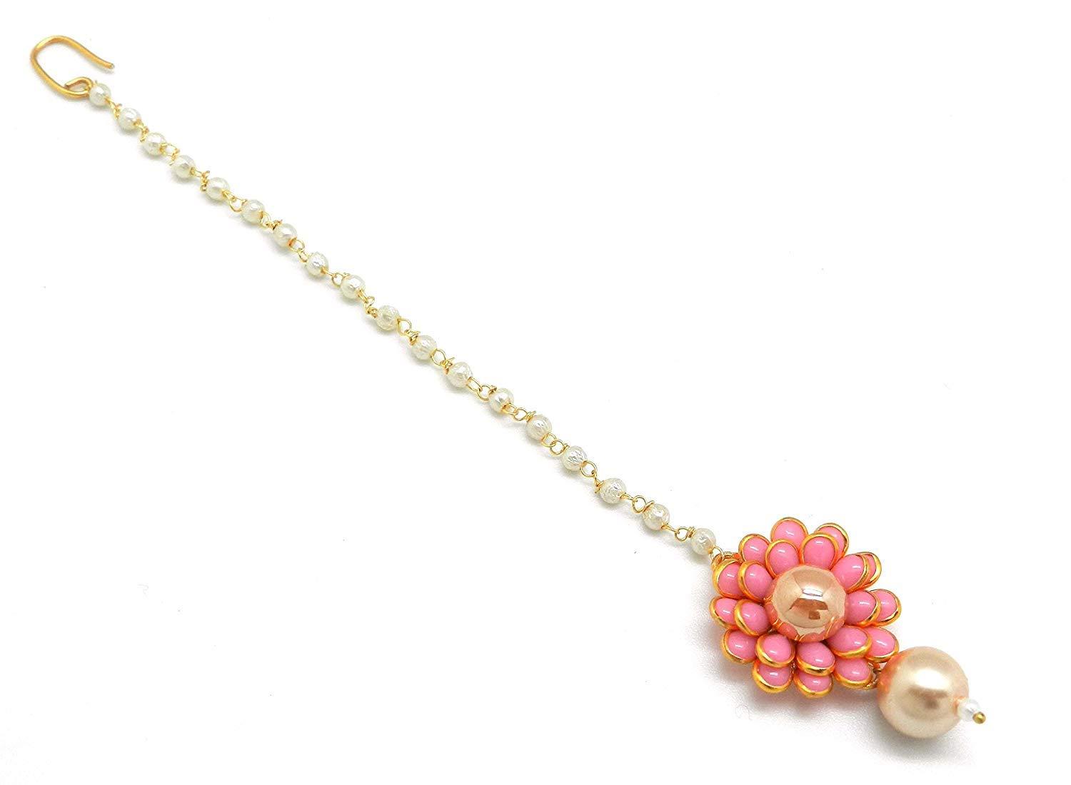 Zeneme Jewellery Flower Style Exclusive Cute Gold Plated Maang Tikka (Pink)