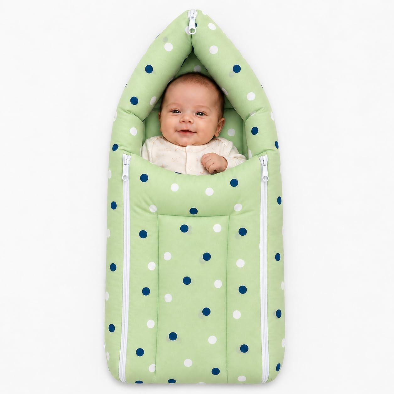 DADDY G 3-in-1 Baby & Sleeping Bag for Newborn | Portable Cotton Baby Bedding Set | Unisex Carry Nest & Baby Holder for New Born | Soft & Lightweight Infant Sleep Bag (Green Dot)