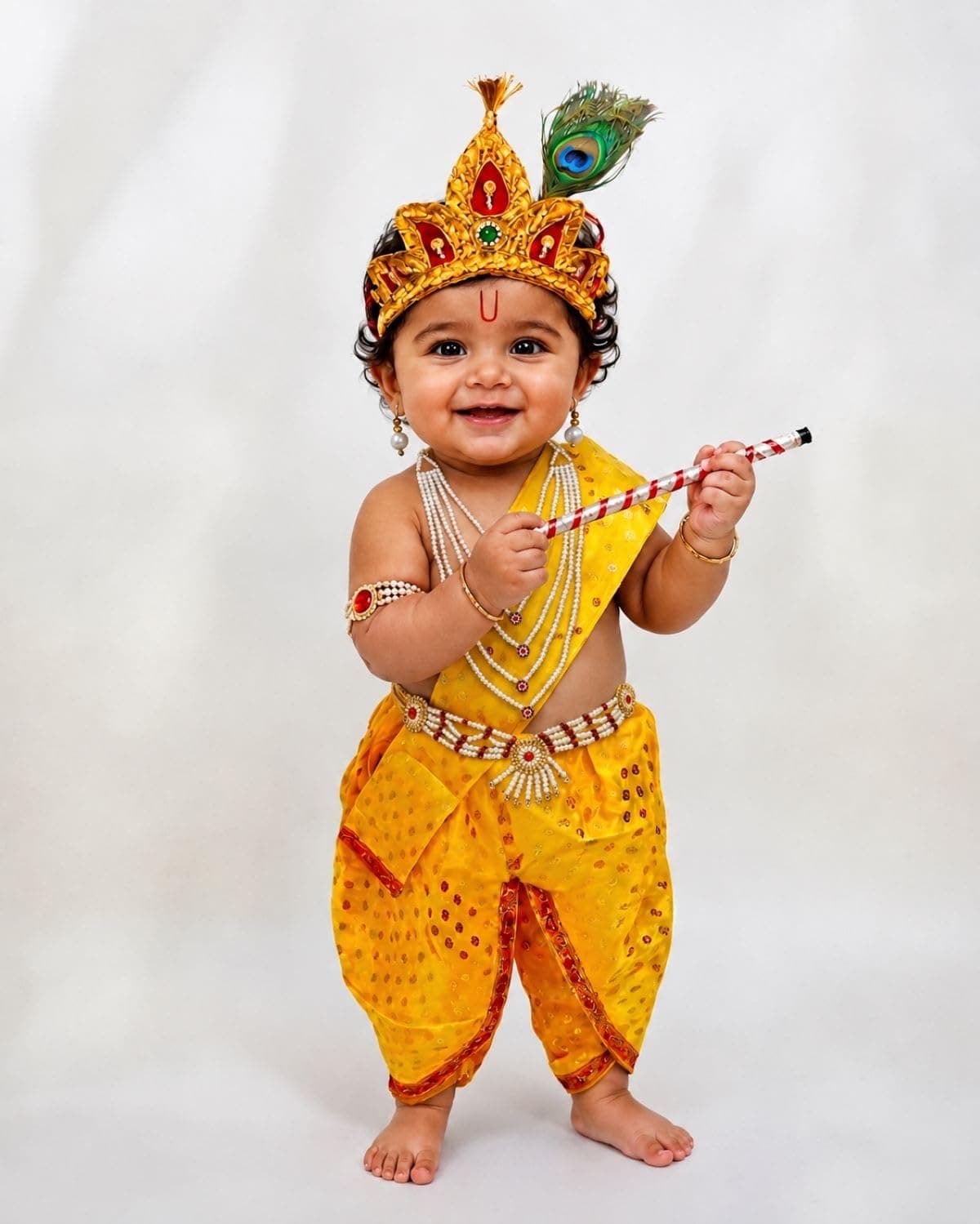 BookMyCostume Polyester Krishna Yellow Polka Dot Costume Dhoti Patka with Heavy Pearl Jewellery and Mukut Set - Janmashtami Dress Costume for Baby Kanha - Boys & Girls 2-3 Years