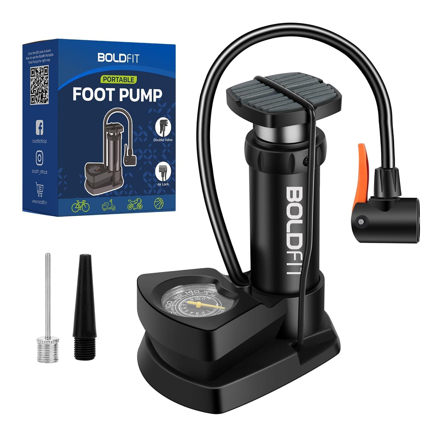 Boldfit Bicycle Pump with Pressure Gauge - High Pressure Foot Air Pump for Cycles, Balloons, Footballs and Tyres - Black