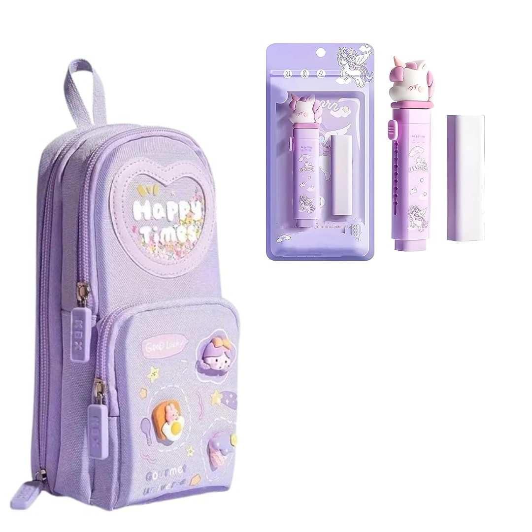 Baethan- Premium Unicorn 3-Layer Big Capacity Pencil Case for Girls + Free Unicorn Push-Pull Eraser | School Bag Shaped Stationery Organizer | Cute Aesthetic Gift for Kids (Purple+Erasers)