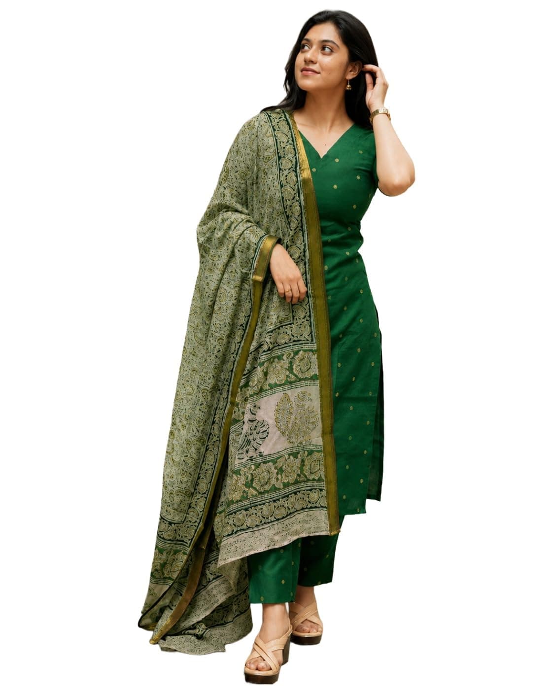 GoSriKi Women's Rayon Viscose Straight Printed Kurta with Pant & Dupatta (AHANKAR Green-GS-FBA_4XL_Green_XXXX-Large)