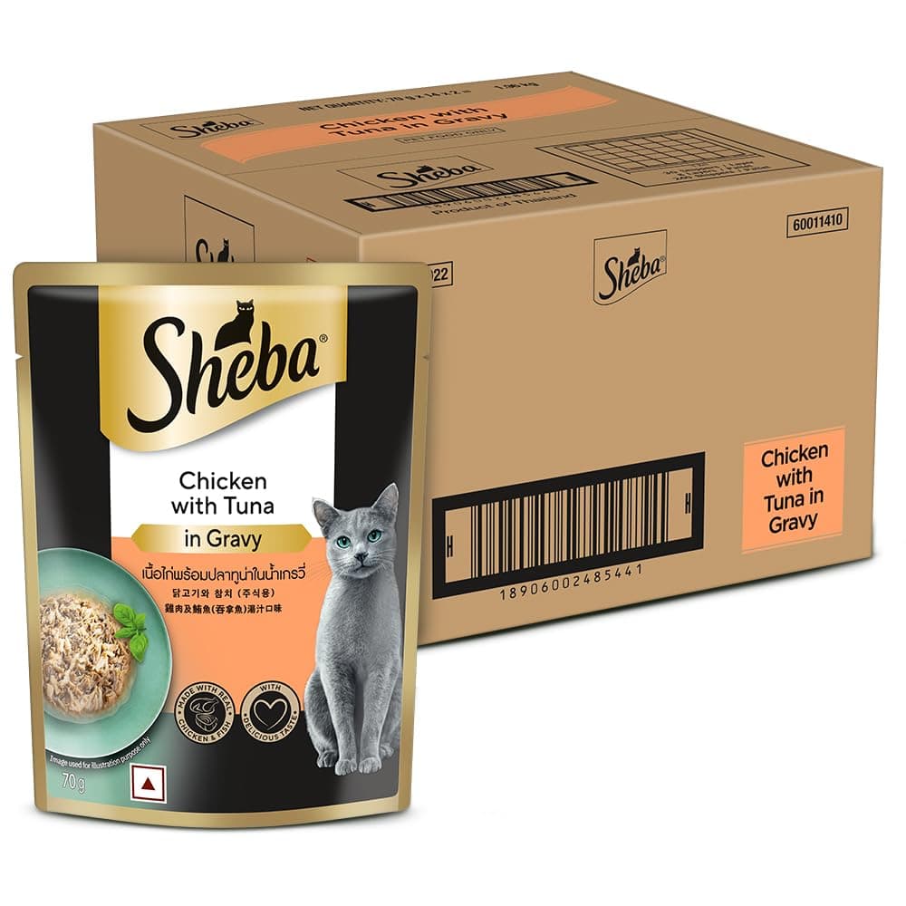 Sheba Fine Premium Adult (1+ Years) Wet Cat Food, Chicken with Tuna in Gravy, 70 g Pouch (Pack of 28), High-moisture gravy cat food for healthy hydration