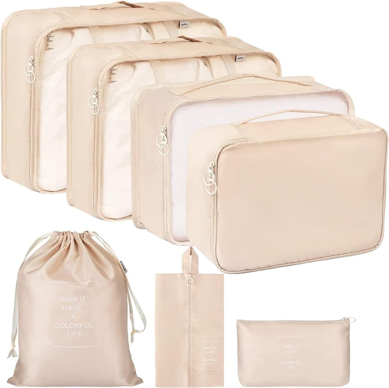 7 Pcs Travel Organizer Bag Set for Luggage | Waterproof Packing Cubes for Clothes, Shoes & Toiletries | Foldable Travel Storage Bags for Men & Women | Black Travel Pouch Set (BEIGE)
