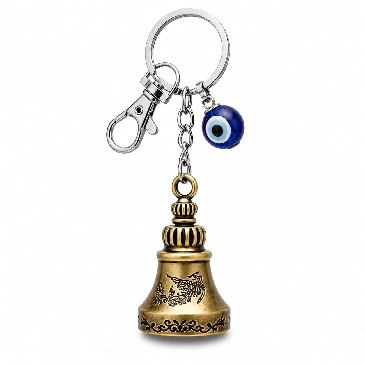 Techpro Guardian Bell Keychain for Men & Women with Blue Evil Eye Charm, Antique Gold Metal Bell Key Ring with Lobster Clasp for Bike, Motorcycle, Car Keys, Bag & Gifting (Golden Bell With Evil Eye)