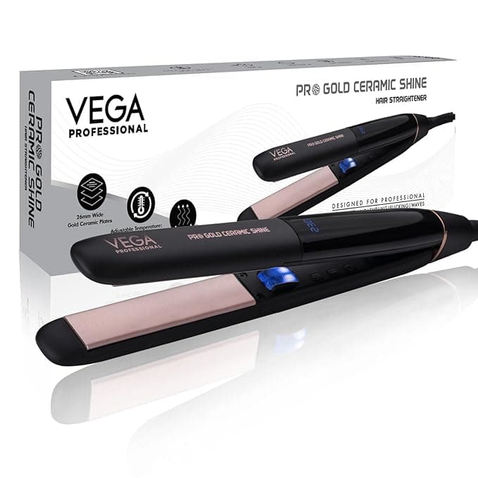 VEGA PROFESSIONAL Pro Gold Ceramic Shine Hair Straightener for Professional and Home Hair Straightening | Ceramic Floating Plates, Black (VPMHS-08)