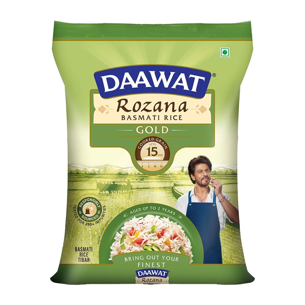 Daawat Rozana Gold Basmati Rice 1Kg| For Everyday Consumption| Cooked Grain Upto 15mm*| Naturally Aged
