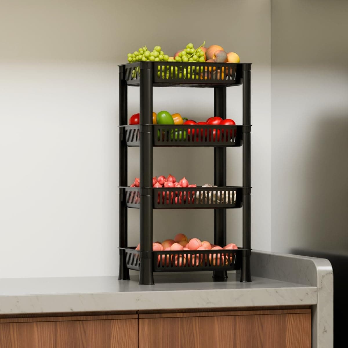 Biltoxi Kitchen Storage Rack | Vegetable & Fruit Basket Organizer Stand | Space Saving Kitchen Trolley Shelf for Onion, Potato, Grocery Storage (4 Layer, Black)