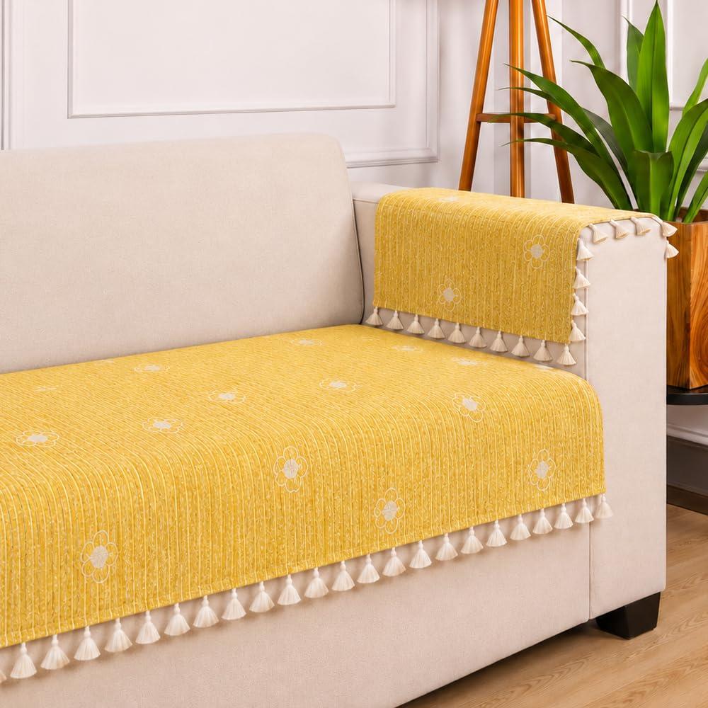 STITCHNEST Woven Fabric Sofa Cover 3 Seater with 2 Hand Rest Covers – Washable Green Sofa Cover with Tassels – Durable Premium Fabric – Stylish Sofa Protector for Living Room & Furniture Decor6