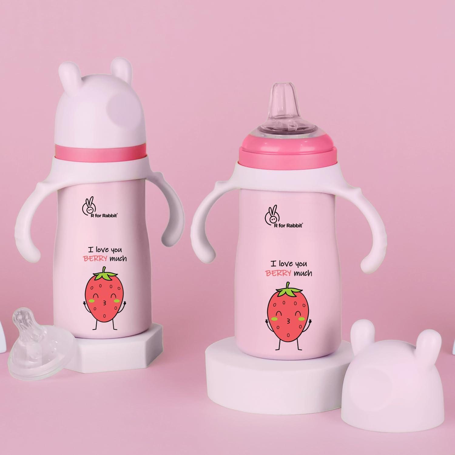 R for Rabbit Steebo Fusion Premium Stainless Steel Spout Cup for Kids, Leak & Spill Proof BPA Free Soft Silicone Straw Drinking Spout Sipper Bottle for Kids Boy & Girl of 12+ Months (270ml, Pink)