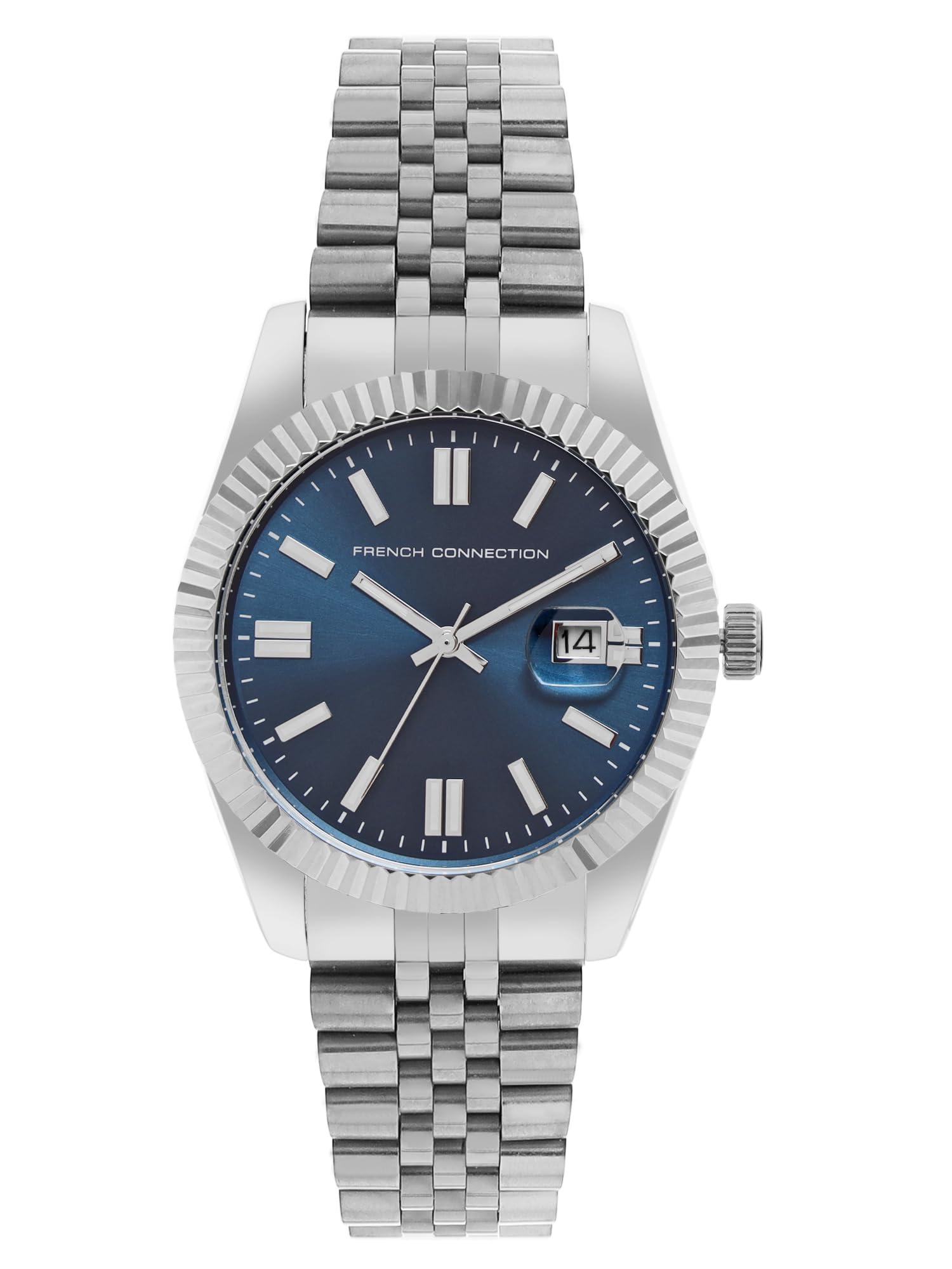 French Connection Lumine | Blue Sunray Round Dial | Date Display | Elegant Analog Watch for Men - FCP41UM, 1 Year Warranty