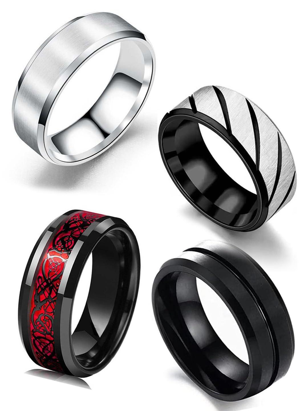 MEENAZ Rings for Men Mens couples gents friends unisex Boys Boyfriend heart black blue Stainless Steel Stylish Valentine gifts proposal Couple band thumb Titanium Silver combo 4 Finger Ring 301_18