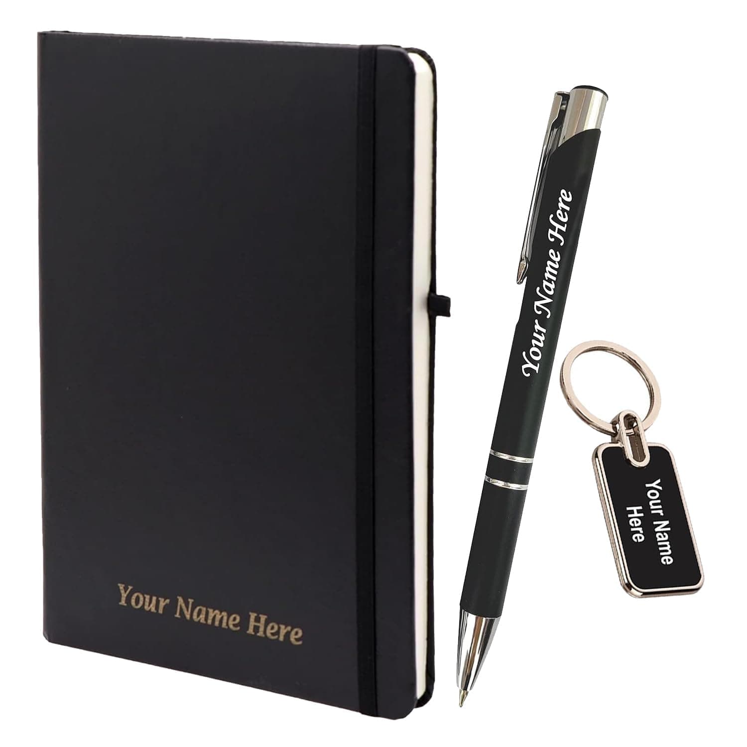 blinkNshop Personalized Diary with Metal Pen & Keychain Combo Set, Black