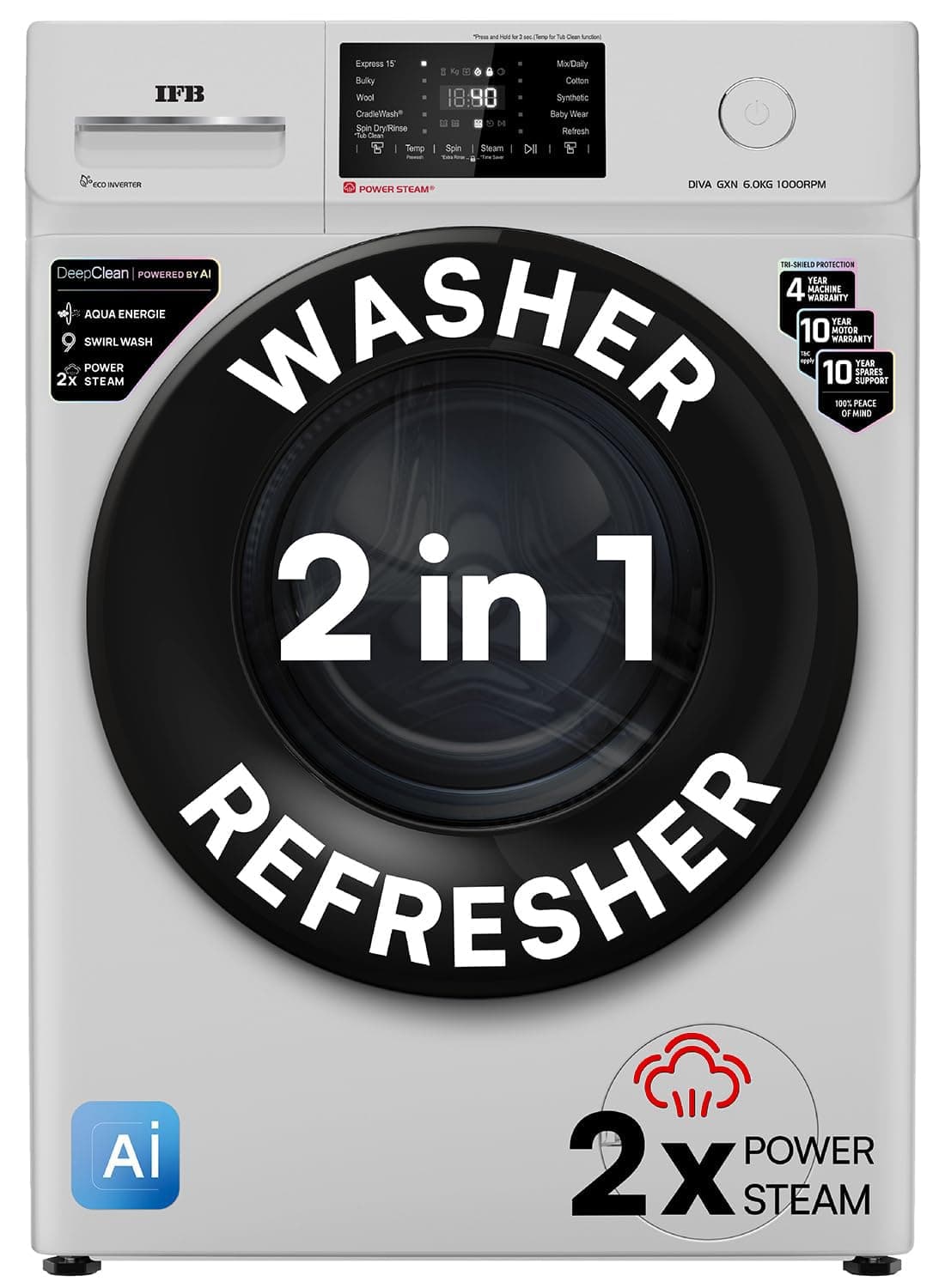 IFB 6 Kg 5 Star, DeepClean® Technology, AI Powered, Fully Automatic Front Load Washing Machine (DIVA GXN 6010 CMS, PowerSteam®, 9 Swirl, Steam Refresh, Inbuilt Heater, Eco Inverter, Grey)