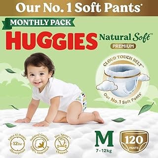 Huggies Natural Soft Premium Baby Diaper Pants, Our No.1 Soft Pants, Medium (M) Size (7-12 Kgs), Monthly Pack of 120 diapers | Cloud Softness All over with India's 1st Cloud Touch BeltTM (60 Count, Pack of 2)