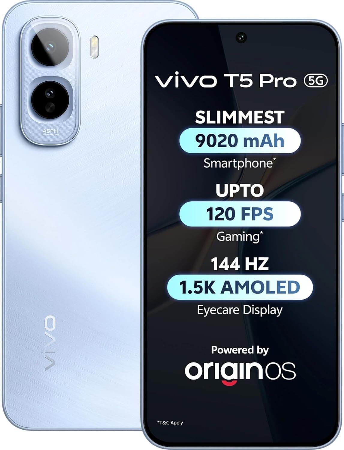 vivo T5 Pro 5G (Glacier Blue, 8GB RAM, 256GB Storage) | Snapdragon 7s Gen 4 Processor | 50MP AI Dual Camera | 6.83" AMOLED 144Hz Display | 9020mAh Battery with 90W Fast Charging
