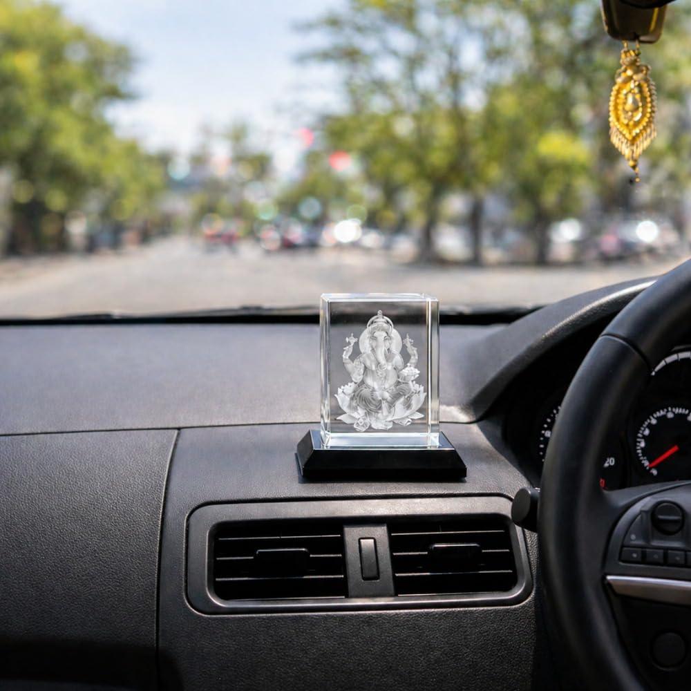 CrazzyGIFT 3D Crystal Ganesha Idol for Car Dashboard, Mini Ganapati Murti Vehicle Interior Decoration, Lord Ganesh Figurine Auto Accessory Spiritual Gift