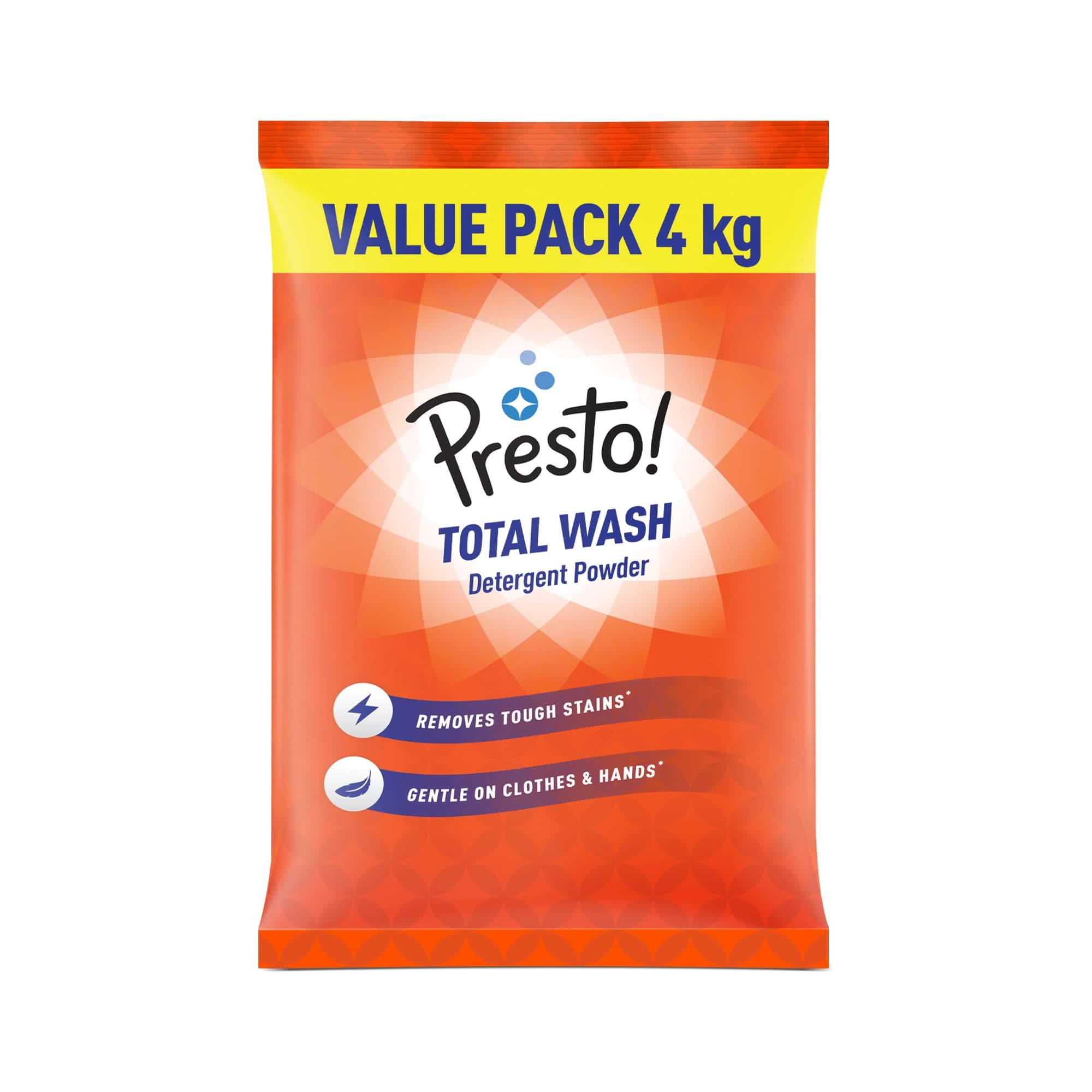 Amazon Brand - Presto! Total Wash Detergent Powder | 4 Kg | Machine And Hand Wash | Removes Tough Stains | Safe And Gentle On Fabrics & Hands | Bleach-Free