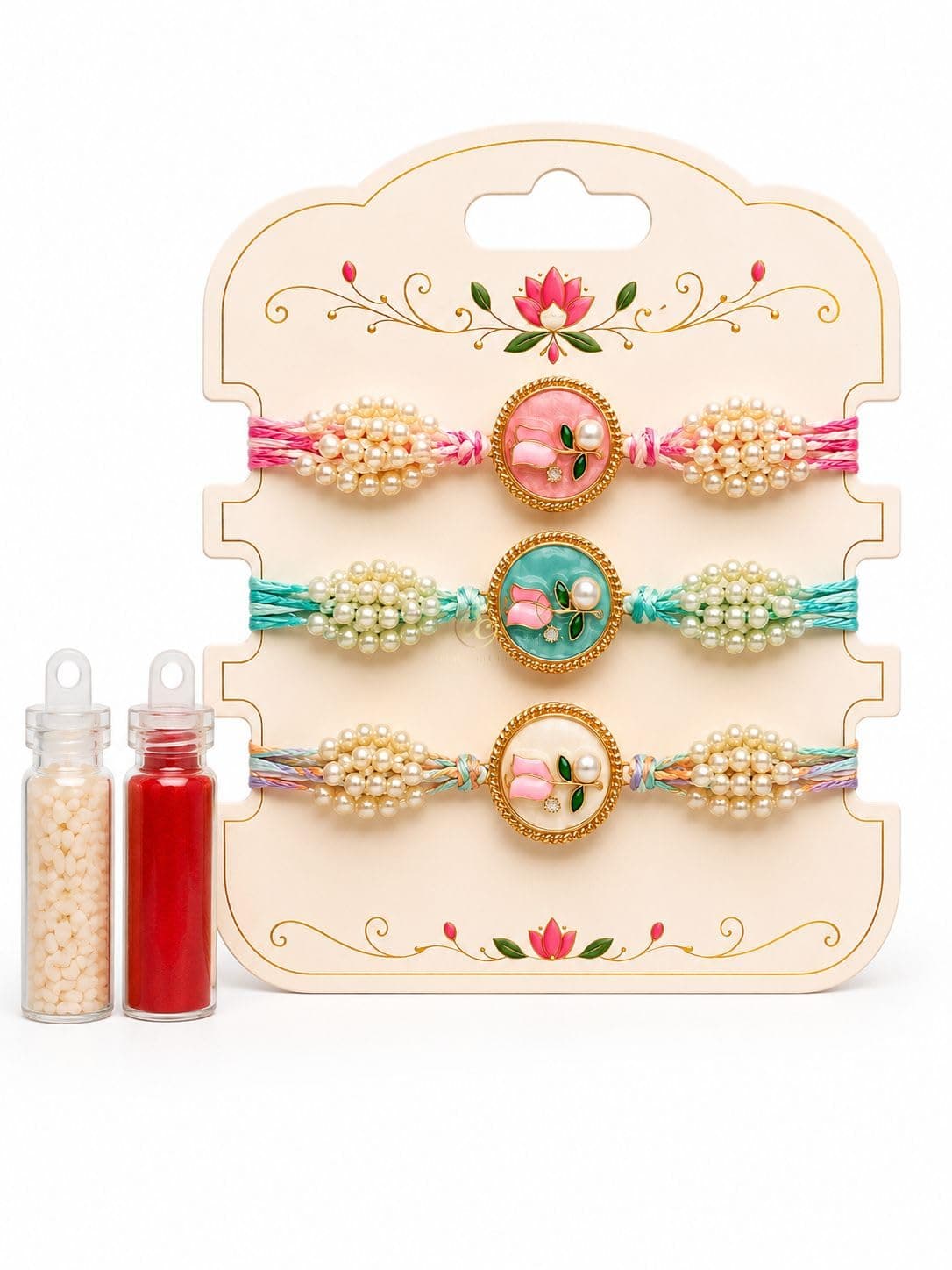 Arrakasta Crafts Premium Designer Pastel Resin Pearl Floral Rakhi For Brother | Elegant Flower Rakhi Set Of 1/2/3/4/5/6 Raksha Bandhan Gift Bhai Combo For Bhaiya Bhabhi & Sister Bracelet Brother Bhai Sister In Law Kids | Traditional & Festive Wrist Band