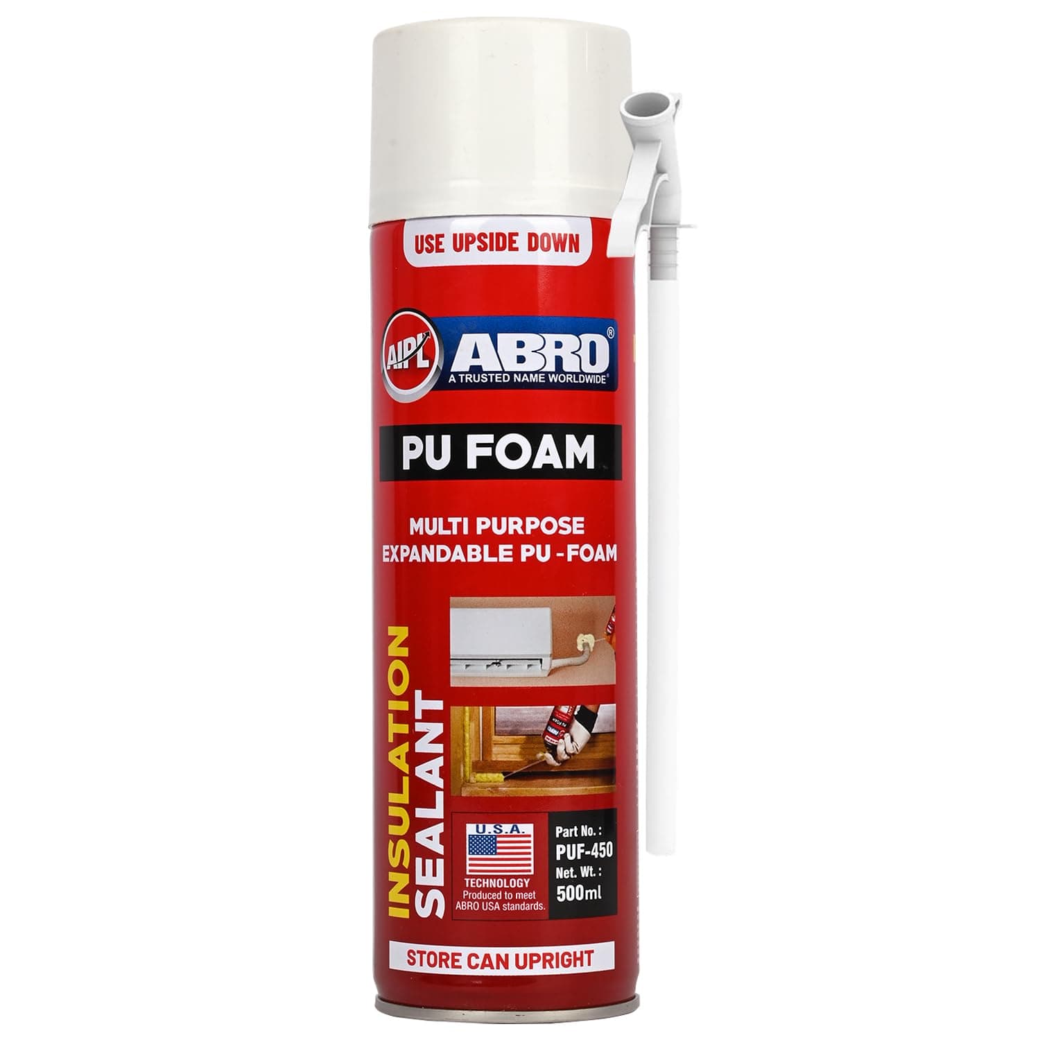 ABRO PUF-450 DIY PU Foam Sealant Spray White Fast Drying Large Holes Crack Wall Gap Filing Multipurpose Expandable Waterproof No Shrinkage Doors PVC Pipe & AC Ducts Filler for Repair DIY (500 ML)