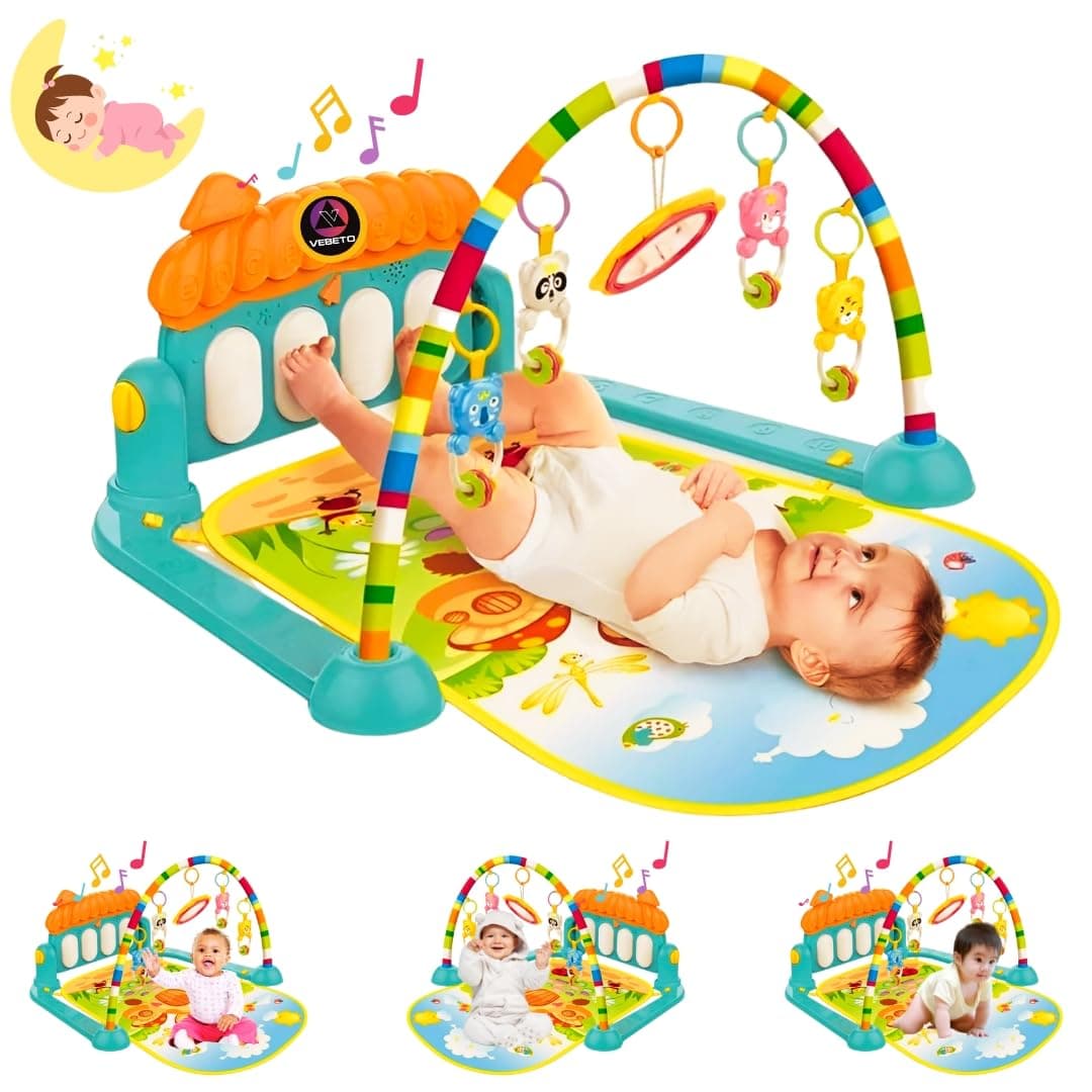 VEBETO Play Gym for Babies 0 to 12 Months (1 Year Warranty) Musical Piano Keyboard Activity Play Mat for Kids Newborn Fitness Rack Hanging Rattles Lights Tunes Music for Baby Boys Girls